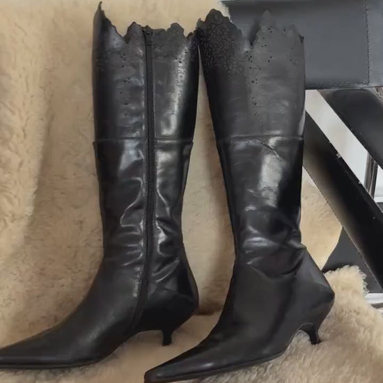 Vintage Black Pointed Toe Knee High Boots, Gothic Western Cutout Detailing, Kitten Heel Boots, Vegan Friendly, 90s Y2K Alternative Fashion