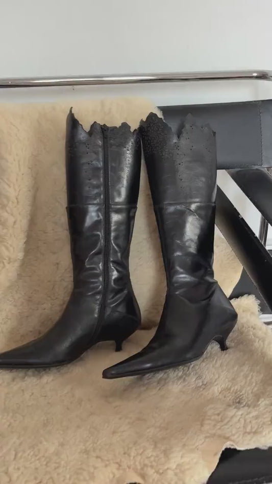 Vintage Black Pointed Toe Knee High Boots, Gothic Western Cutout Detailing, Kitten Heel Boots, Vegan Friendly, 90s Y2K Alternative Fashion