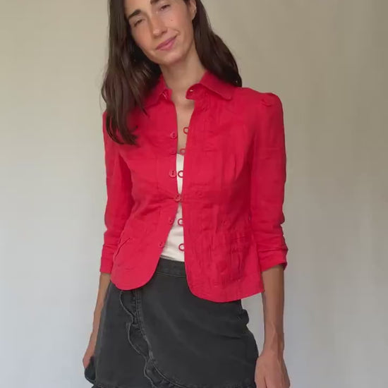 Vibrant red cropped women’s cotton jacket XS-S | Parisian chic streetwear, long sleeve, sequin detail, French fashion aesthetic