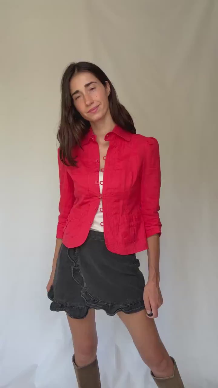 Vibrant red cropped women’s cotton jacket XS-S | Parisian chic streetwear, long sleeve, sequin detail, French fashion aesthetic