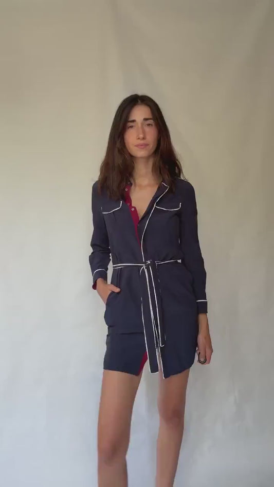 Tommy Hilfiger navy dress, viscose feel, wrap style, contrast white piping, preppy Carolyn bessette, kennedy vibe, US S, office smart casual