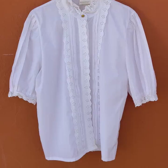 Vintage Meico Blouse, Ruffled Lace Neckline, Puff Sleeve Top, Cottagecore Shirt
