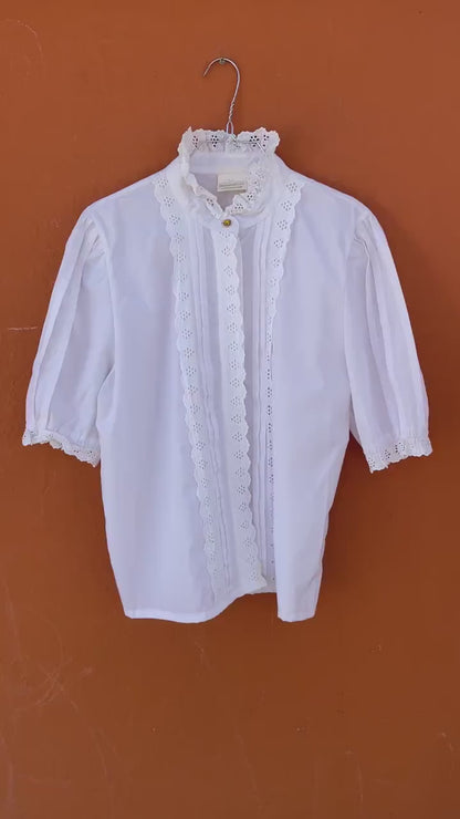 Vintage Meico Blouse, Ruffled Lace Neckline, Puff Sleeve Top, Cottagecore Shirt