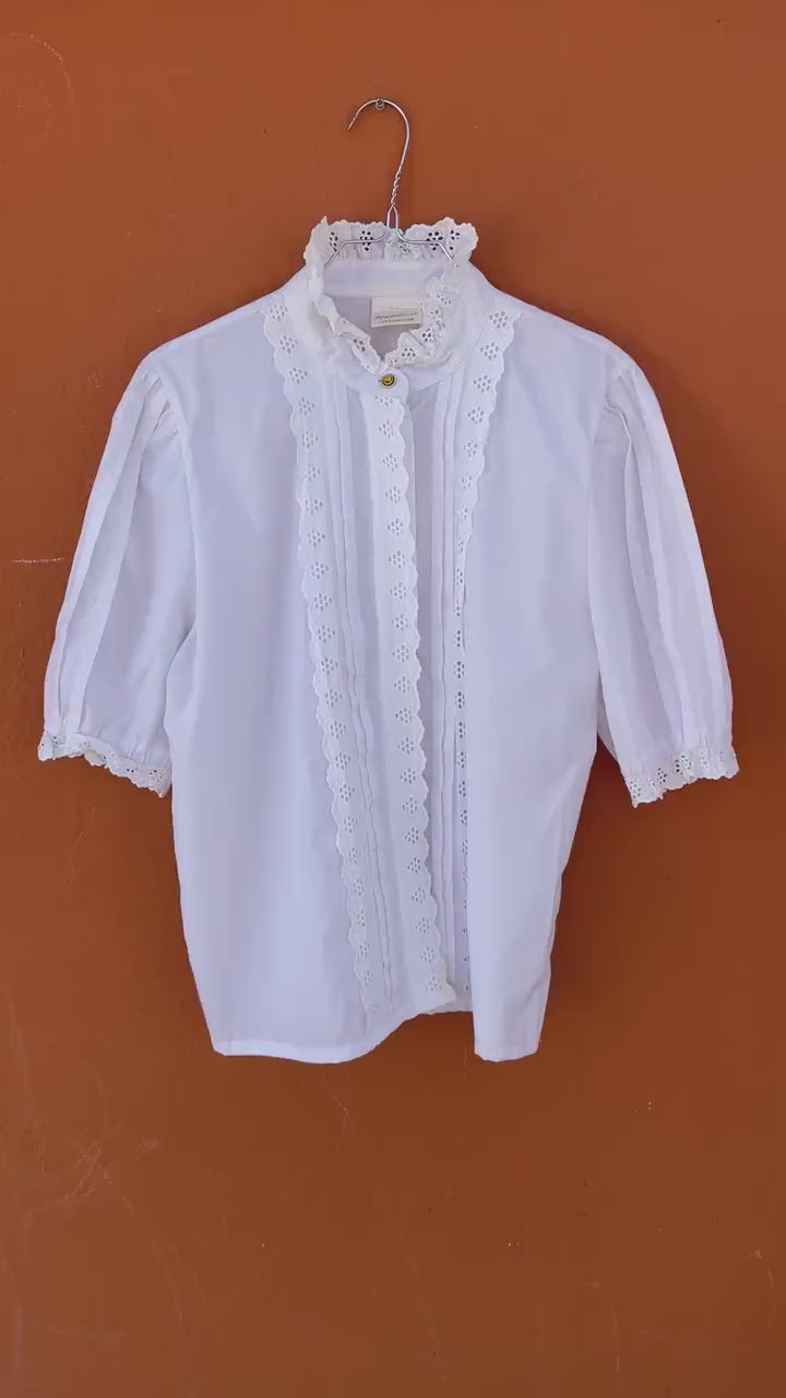 Vintage Meico Blouse, Ruffled Lace Neckline, Puff Sleeve Top, Cottagecore Shirt