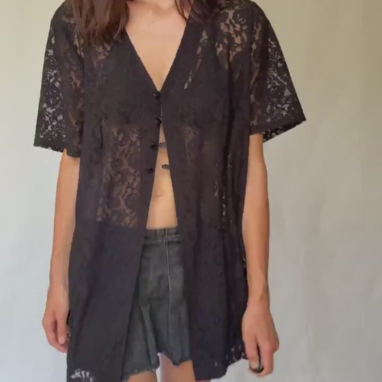 Vintage black lace button, up shirt, cotton feel, loose fit, floral sheer lace, romantic gothic, US L, versatile layering piece