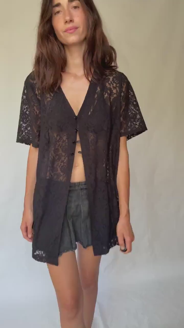 Vintage black lace button, up shirt, cotton feel, loose fit, floral sheer lace, romantic gothic, US L, versatile layering piece
