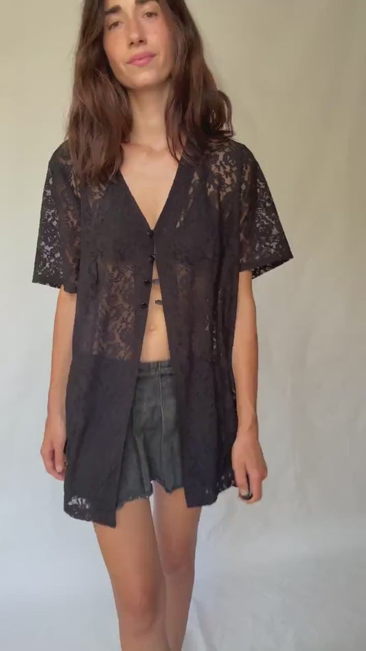 Vintage black lace button, up shirt, cotton feel, loose fit, floral sheer lace, romantic gothic, US L, versatile layering piece