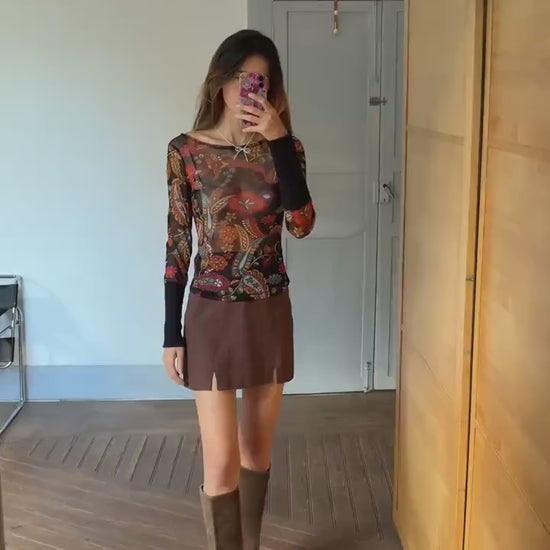 Vintage SHEER long sleeve top, Sexy autumn floral mesh shirt, See through Say t shirt, Size S