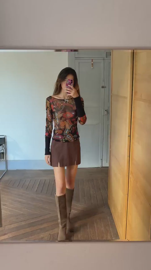 Vintage SHEER long sleeve top, Sexy autumn floral mesh shirt, See through Say t shirt, Size S