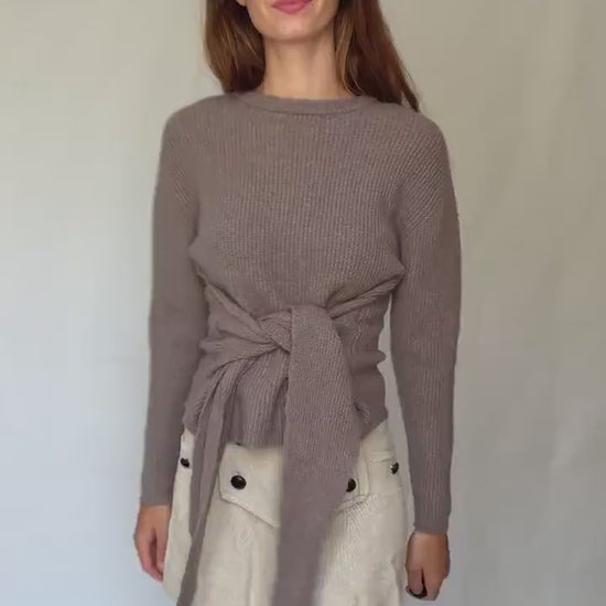 Earthy brown tie front back long sleeve jumper, unworn with tags, size S, soft rib knit,