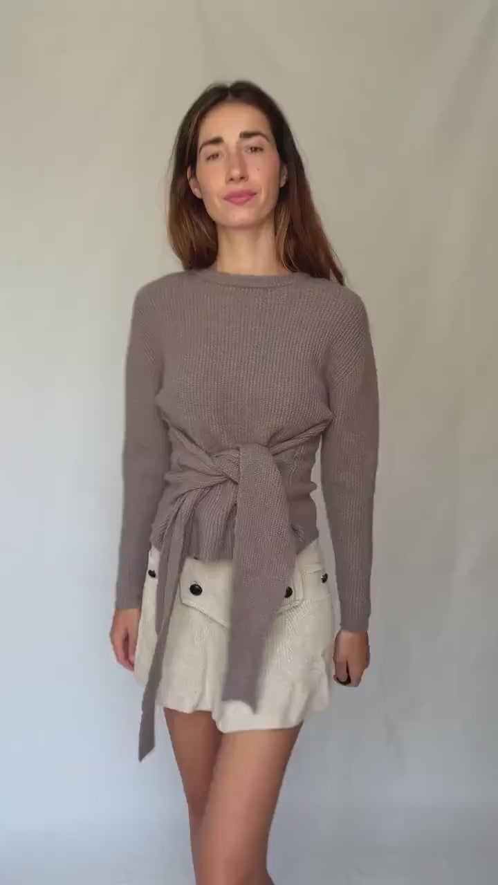 Earthy brown tie front back long sleeve jumper, unworn with tags, size S, soft rib knit,