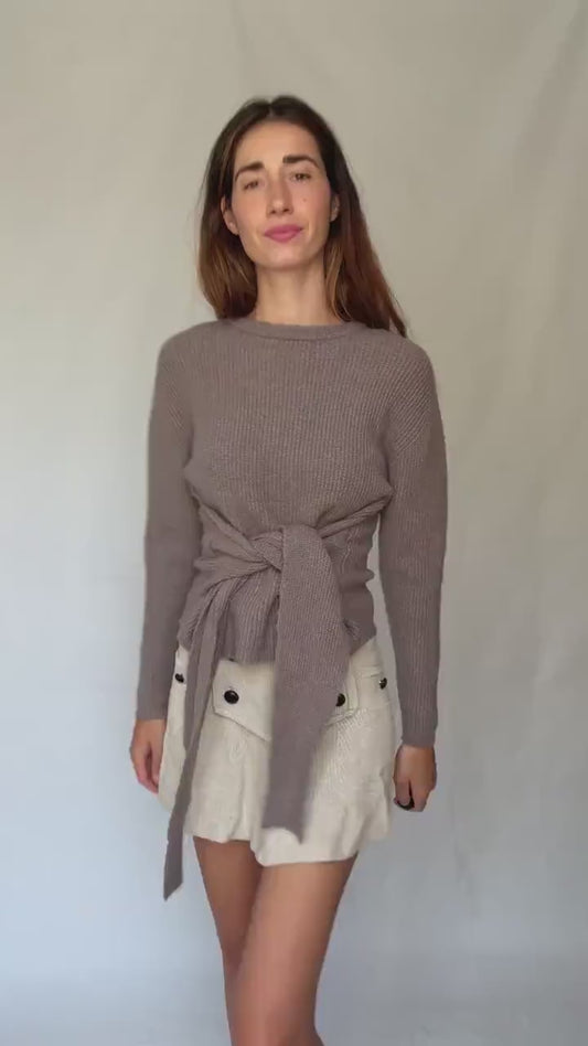 Earthy brown tie front back long sleeve jumper, unworn with tags, size S, soft rib knit,