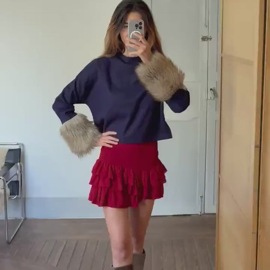 Vintage navy blue pullover,  wool jumper luxe cropped sweater with faux fur sleeves