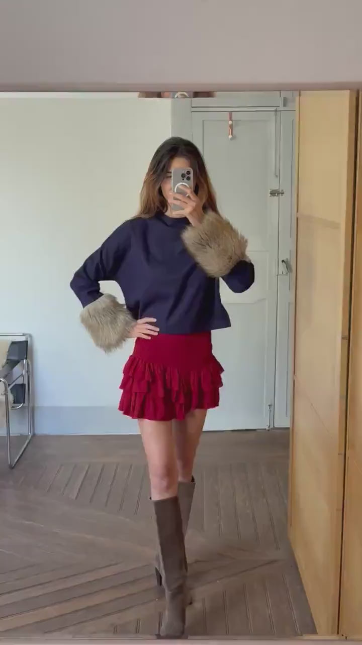 Vintage navy blue pullover,  wool jumper luxe cropped sweater with faux fur sleeves