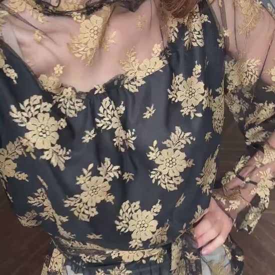 Vintage lace sheer top romantic gothic floral blouse with long scarf tie versatile styling option