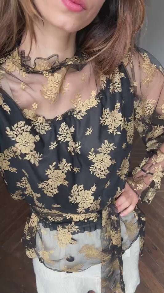Vintage lace sheer top romantic gothic floral blouse with long scarf tie versatile styling option