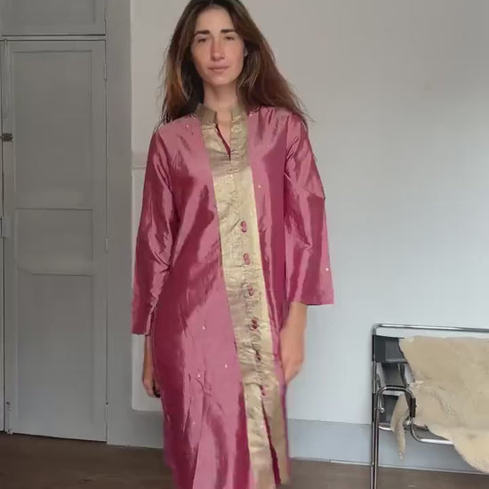 Vintage Indian pure silk dusty pink & gold dress – breathable lined kurta tunic, elegant boho luxury, one of a kind