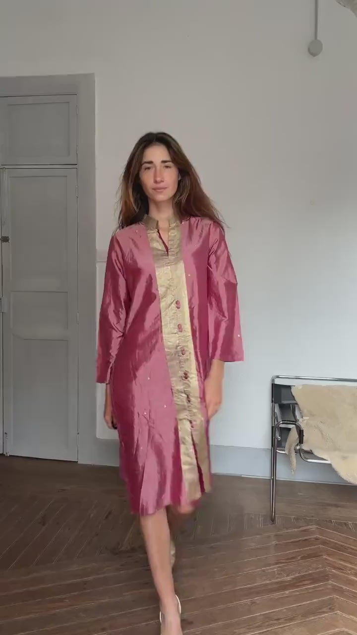 Vintage Indian pure silk dusty pink & gold dress – breathable lined kurta tunic, elegant boho luxury, one of a kind