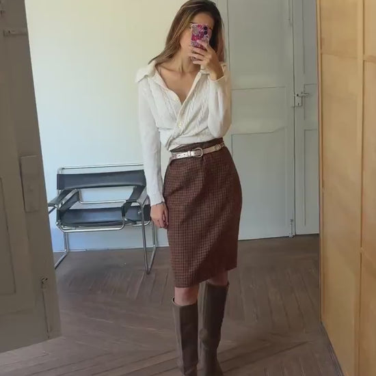 Vintage brown houndstooth wool midi skirt, Retro plaid high waist pencil skirt,Vintage tartan skirt, Dark academia aesthetic