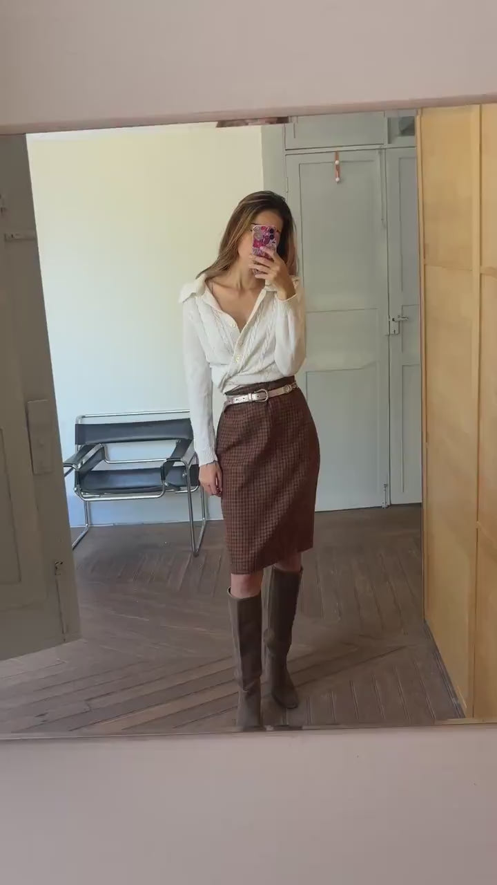 Vintage brown houndstooth wool midi skirt, Retro plaid high waist pencil skirt,Vintage tartan skirt, Dark academia aesthetic