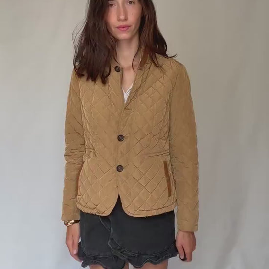 Massimo Dutti tan quilted coat, cotton feel, structured fit, two, button closure, leather, accented pockets, minimalist, US XL, smart casual