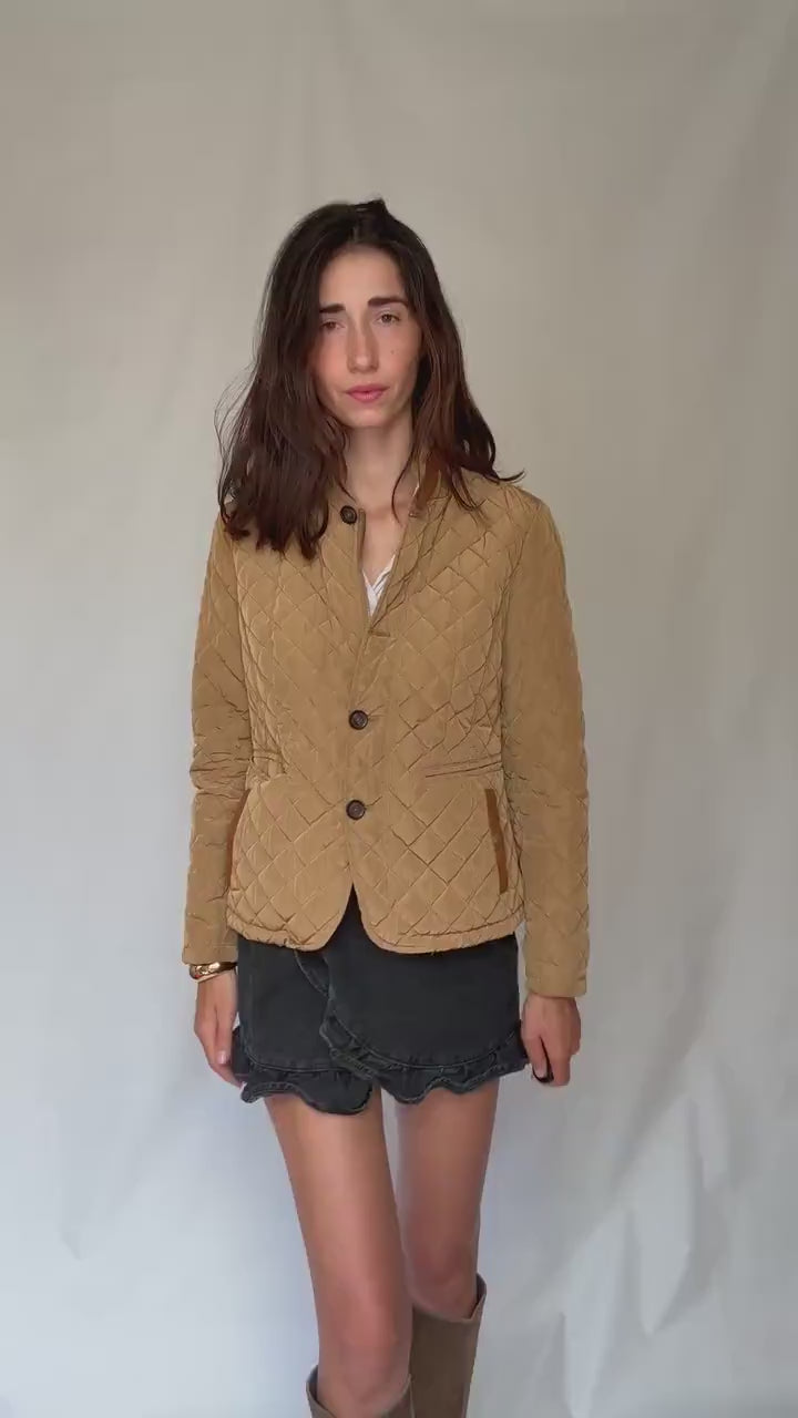 Massimo Dutti tan quilted coat, cotton feel, structured fit, two, button closure, leather, accented pockets, minimalist, US XL, smart casual