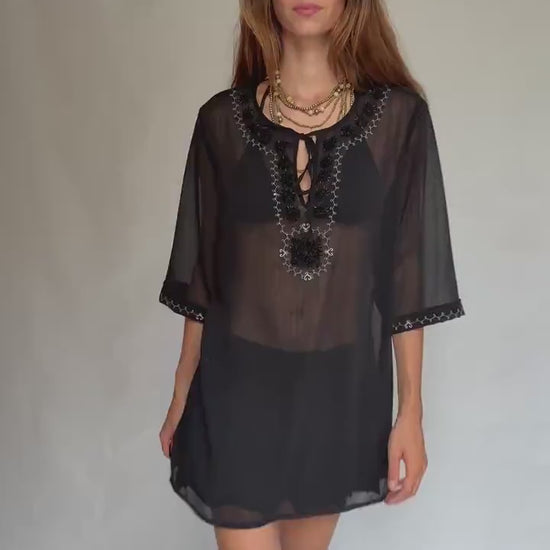 Sheer Black Embroidered Top • Boho Tunic Blouse • Festival See-Through Mesh Shirt