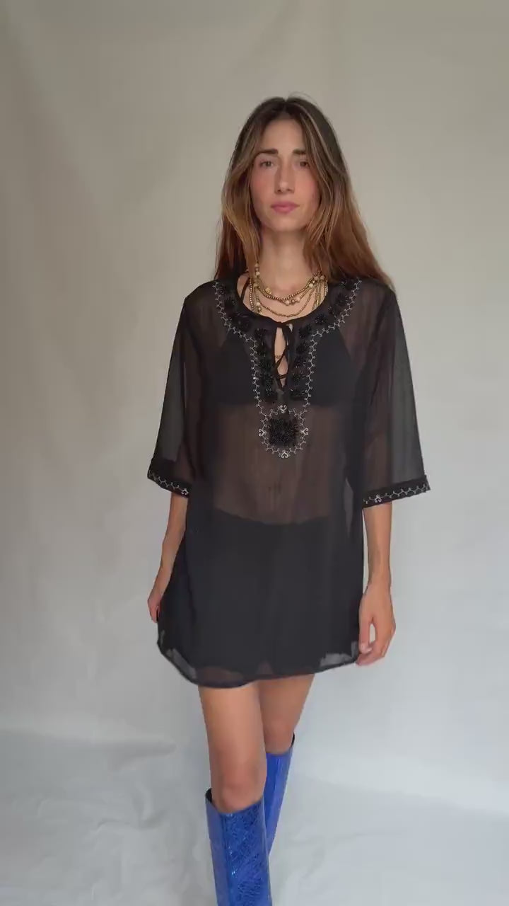 Sheer Black Embroidered Top • Boho Tunic Blouse • Festival See-Through Mesh Shirt