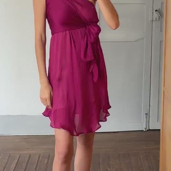 Vintage tara jarmon 100% silk dress in deep raspberry pink – elegant one shoulder – size  s – romantic cocktail dress