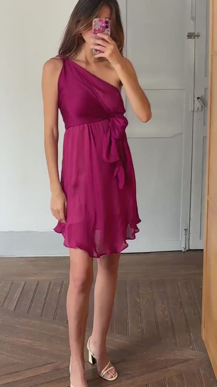 Vintage tara jarmon 100% silk dress in deep raspberry pink – elegant one shoulder – size  s – romantic cocktail dress