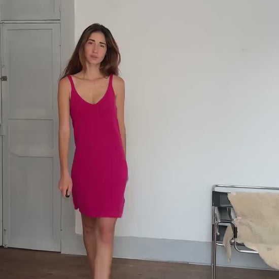 Massimo Dutti pink knit dress | 100% cotton summer slip dress | elegant v-neck | minimalist 90s fit | bright pop color | size M-L