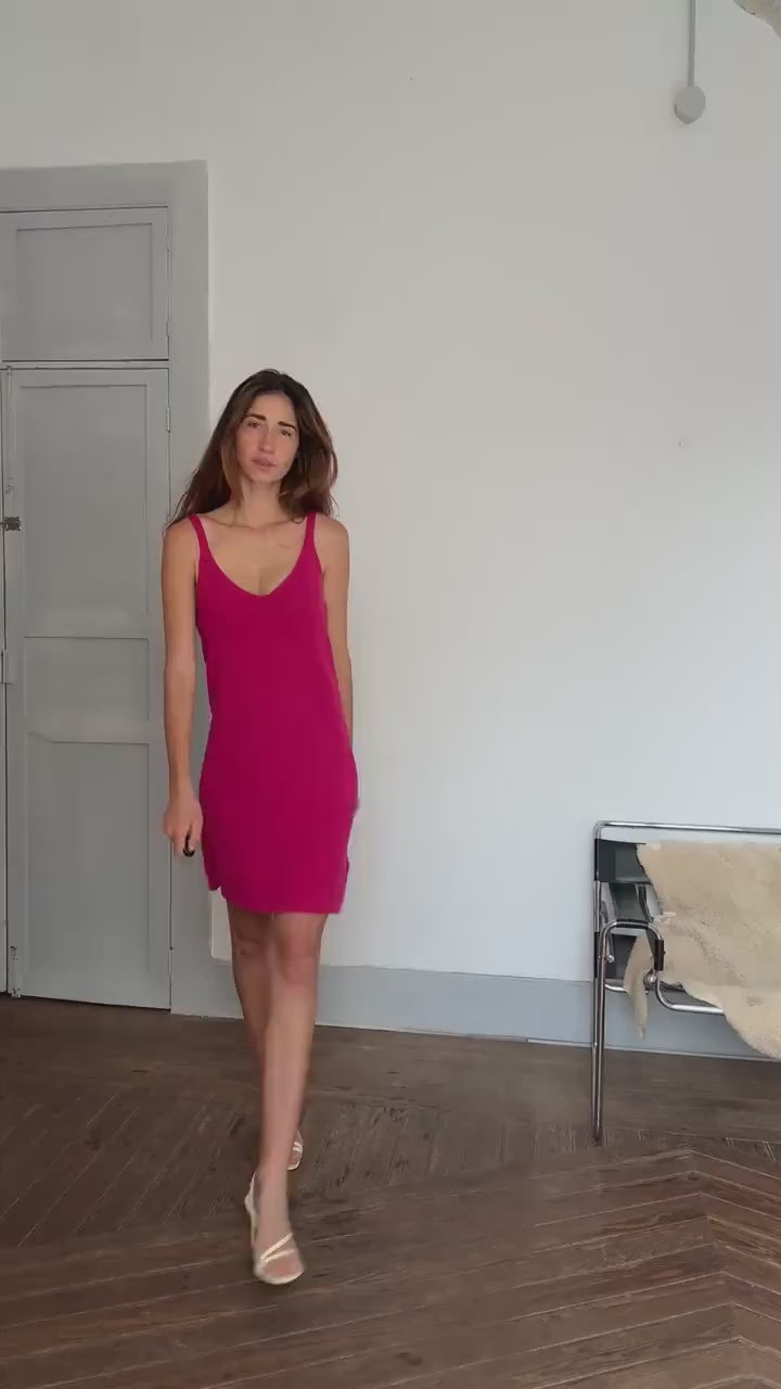 Massimo Dutti pink knit dress | 100% cotton summer slip dress | elegant v-neck | minimalist 90s fit | bright pop color | size M-L