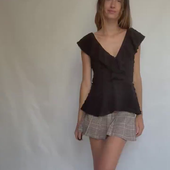 Uterqüe black blouse with ruffled back tie, textured dot fabric, romantic v-neck top with side zip, size M