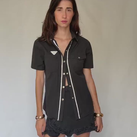 Vintage Prada black short sleeve shirt L | 100% cotton logo trim blouse, Y2K runway style, unisex streetwear luxury top