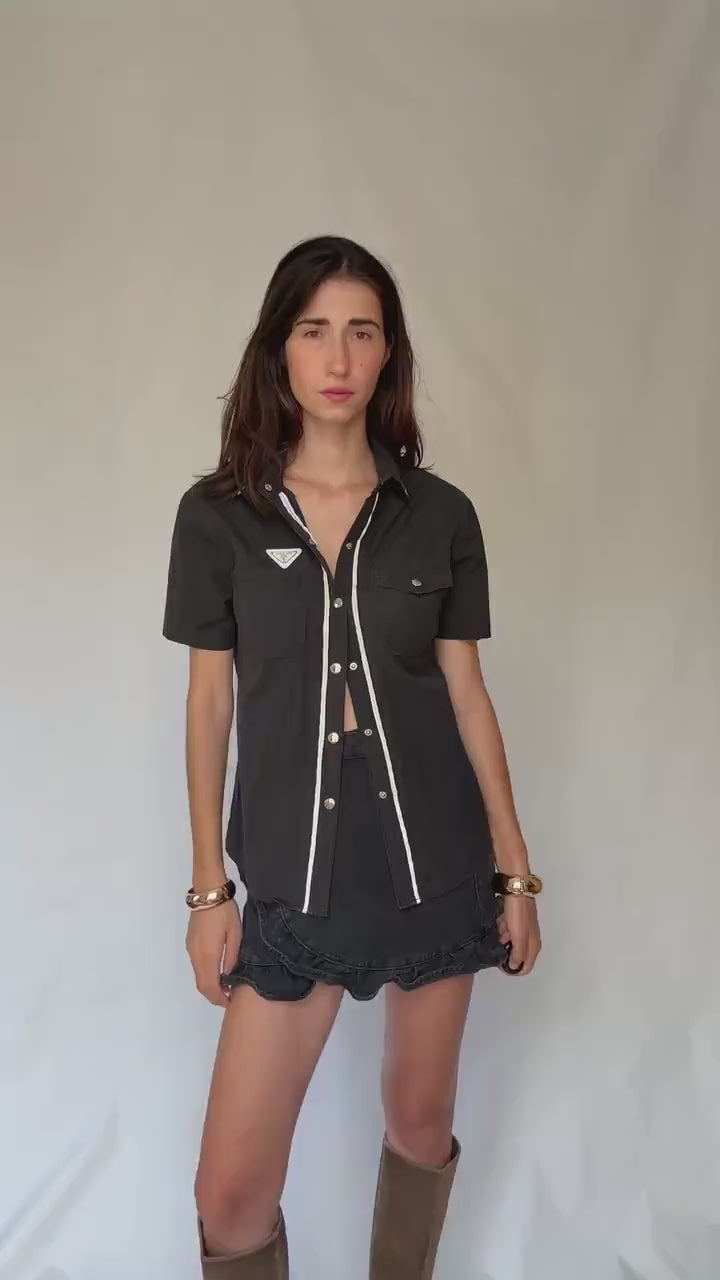 Vintage Prada black short sleeve shirt L | 100% cotton logo trim blouse, Y2K runway style, unisex streetwear luxury top