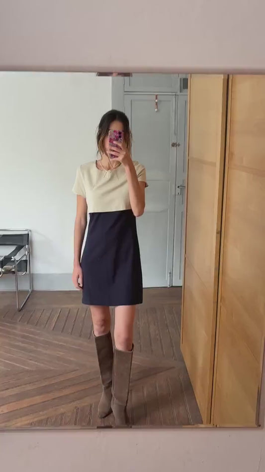 Luxury vintage UTERQÜE colorblock dress,  beige black XL short sleeve dress, Designer minimalist chic outfit, retro office dinner style