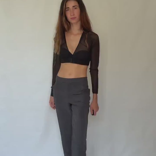 Cortefiel grey stretch trousers – check micro pattern, straight leg cropped fit, high waist, modern XL US, soft and comfy work pants