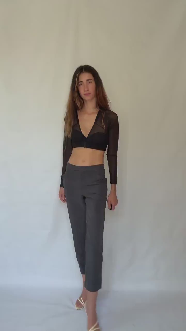 Cortefiel grey stretch trousers – check micro pattern, straight leg cropped fit, high waist, modern XL US, soft and comfy work pants