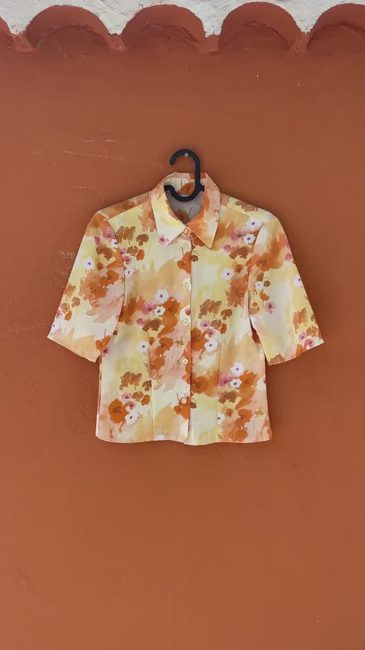 Vintage resort wear woman blouse, Colourful summer shirt, Feminine button up blouse, Handmade vintage 70s top, XXS
