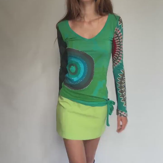 Desigual long sleeve green graphic blouse – bold print, tie waist detail – soft viscose top – no size tag, fits like XS–S