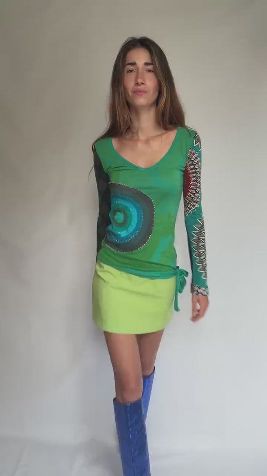Desigual long sleeve green graphic blouse – bold print, tie waist detail – soft viscose top – no size tag, fits like XS–S