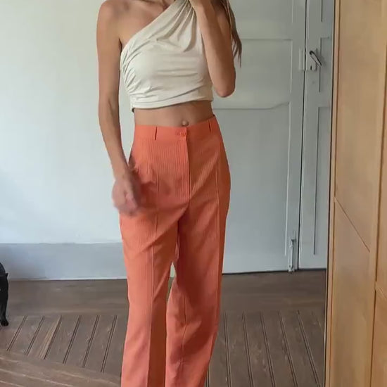 Vintage orange pants, Bold pinstripe trousers, Wool blend spring outfit, Luxe statement trousers