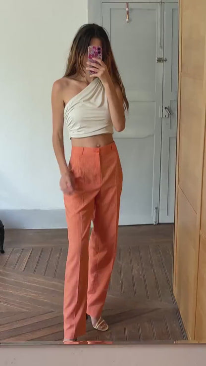 Vintage orange pants, Bold pinstripe trousers, Wool blend spring outfit, Luxe statement trousers