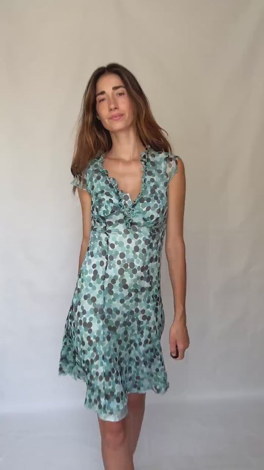 Caroll 100% silk polka dot ruffle neckline summer dress, lightweight blue grey dots, wedding guest outfit, size S