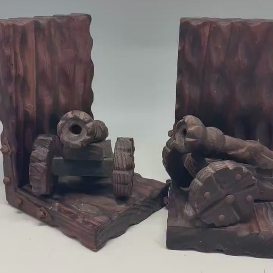 Vintage pair of wooden bookend stands, Brutalist canon design, made in Spain, home library decor