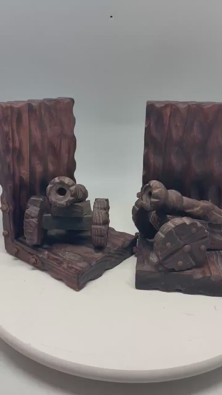 Vintage pair of wooden bookend stands, Brutalist canon design, made in Spain, home library decor