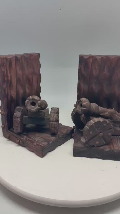Vintage pair of wooden bookend stands, Brutalist canon design, made in Spain, home library decor