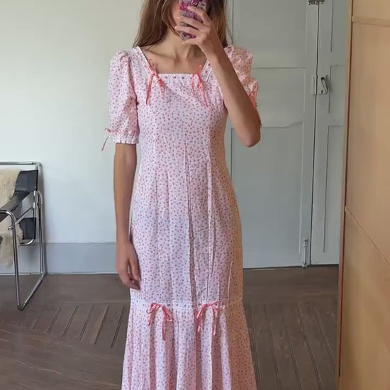 Vintage cottage core dress, romantic nightgown, handmade cotton pink floral lace ribbon trim prairie style nightie, size s