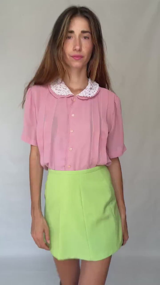 Vintage pink blouse with white lace collar M – cottagecore romantic short sleeve button up shirt