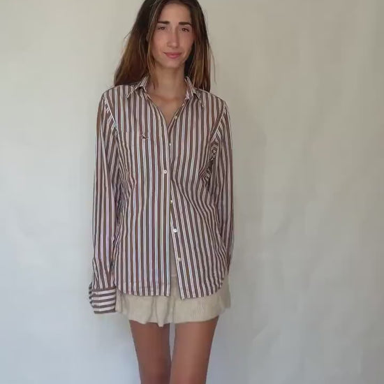 Boyfriend button up shirt, Hollister California Striped Cotton Shirt | Brown Blue White | Size S Menswear | Oversized Boyfriend Unisex Fit